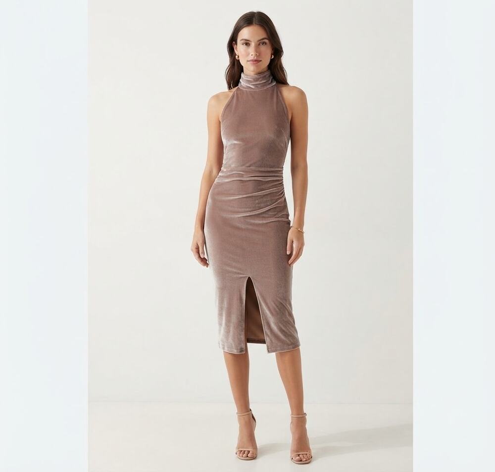 House of CB London Velvet Midi Dress Cowl Neck Taupe Size L Sultry Cocktail Glam
